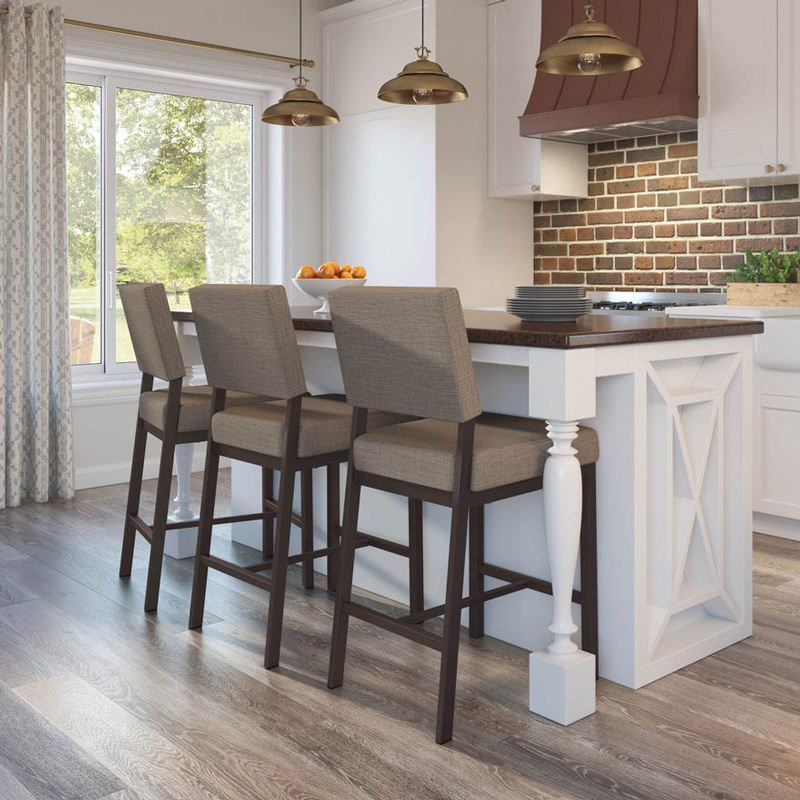 three up cushioned bar stools in front of a kitchen island